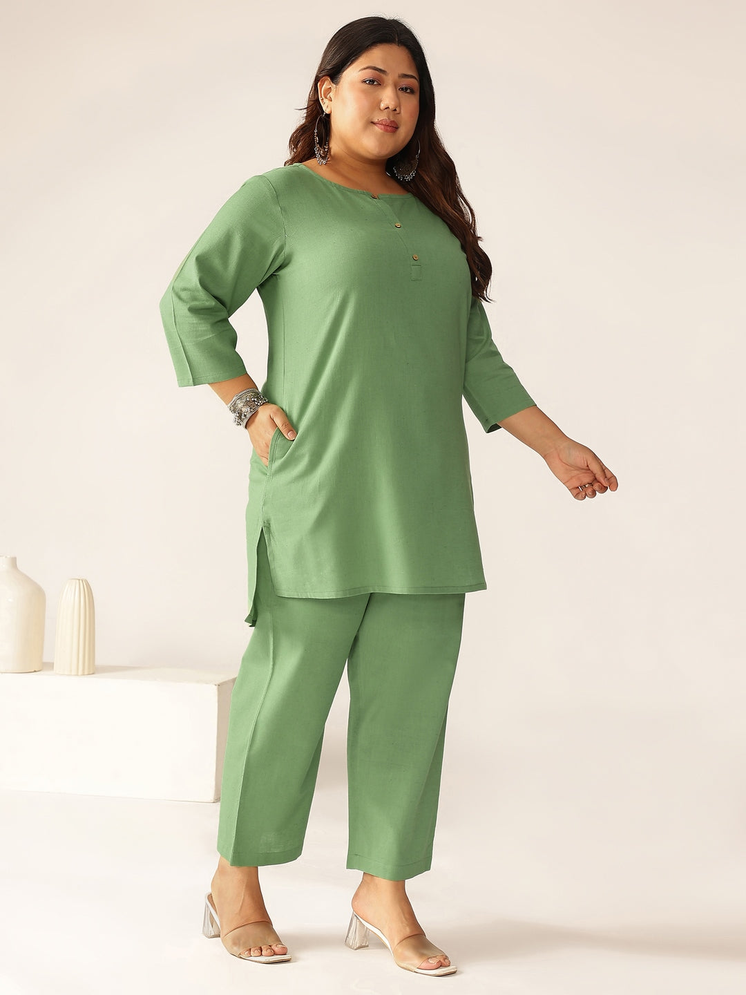 Janasya Dark Cotton Solid A-Line Top & Bottom Set | Grocsy