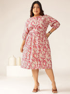 Janasya Dark Cotton Floral Gathered Dress | Grocsy