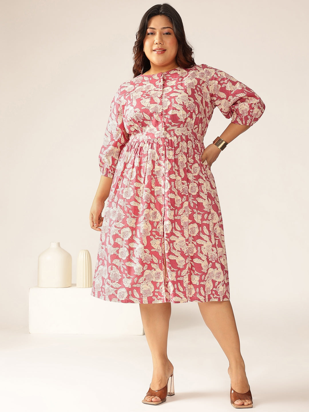 Janasya Dark Cotton Floral Gathered Dress | Grocsy