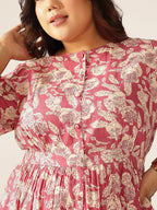 Janasya Dark Cotton Floral Gathered Dress | Grocsy