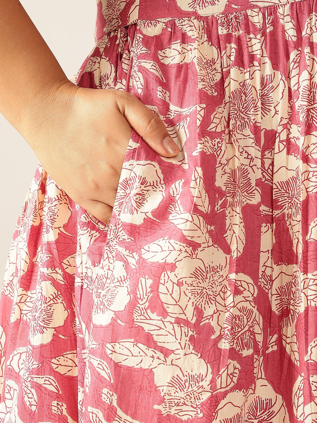 Janasya Dark Cotton Floral Gathered Dress | Grocsy