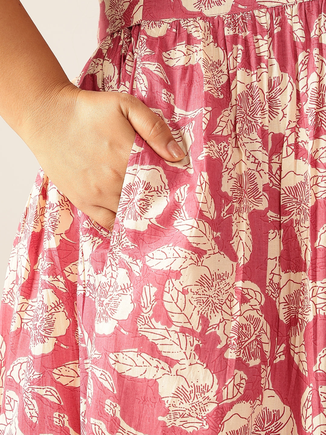 Janasya Dark Cotton Floral Gathered Dress | Grocsy