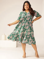 Janasya Dark Cotton Floral Tiered Dress | Grocsy
