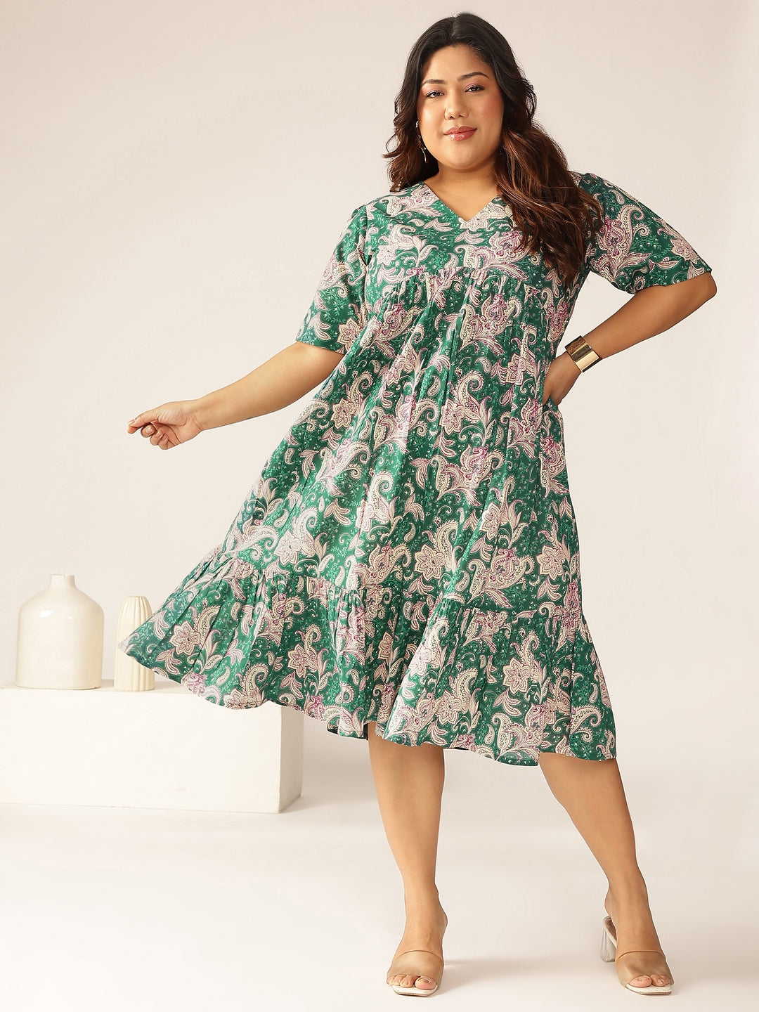 Janasya Dark Cotton Floral Tiered Dress | Grocsy