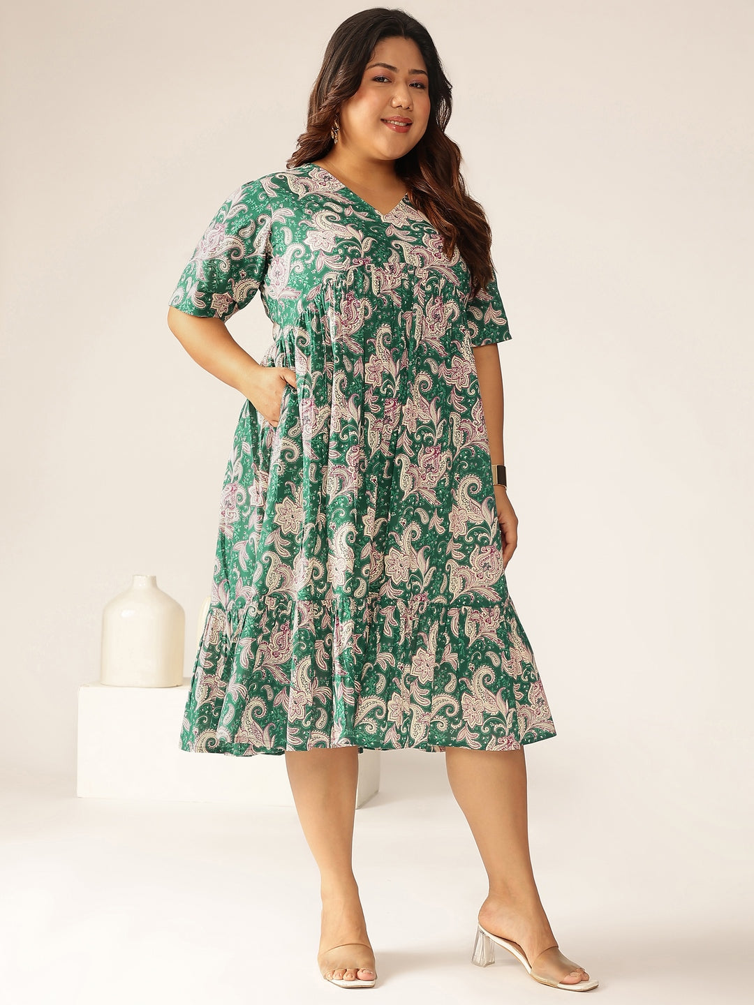 Janasya Dark Cotton Floral Tiered Dress | Grocsy