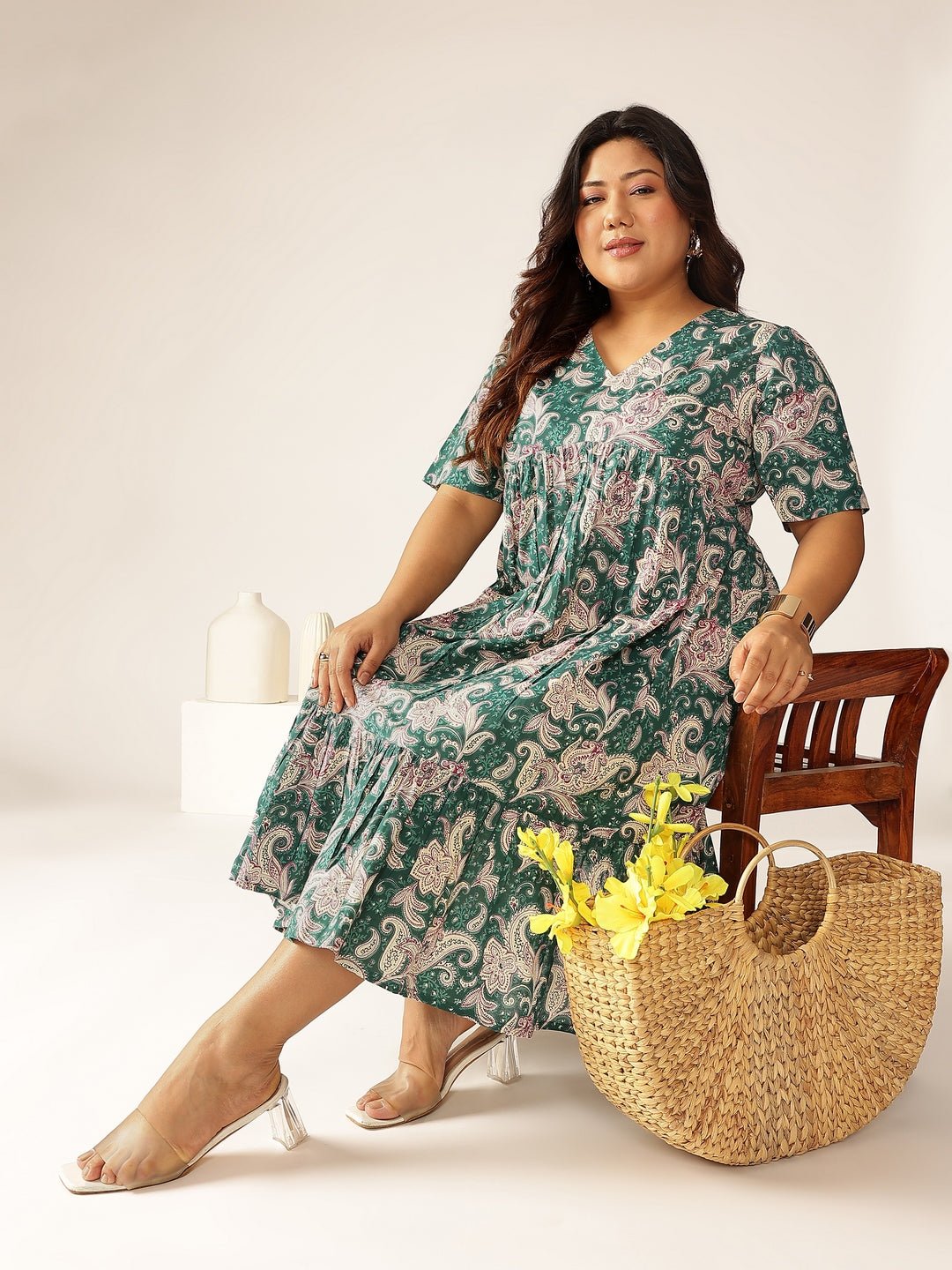 Janasya Dark Cotton Floral Tiered Dress | Grocsy