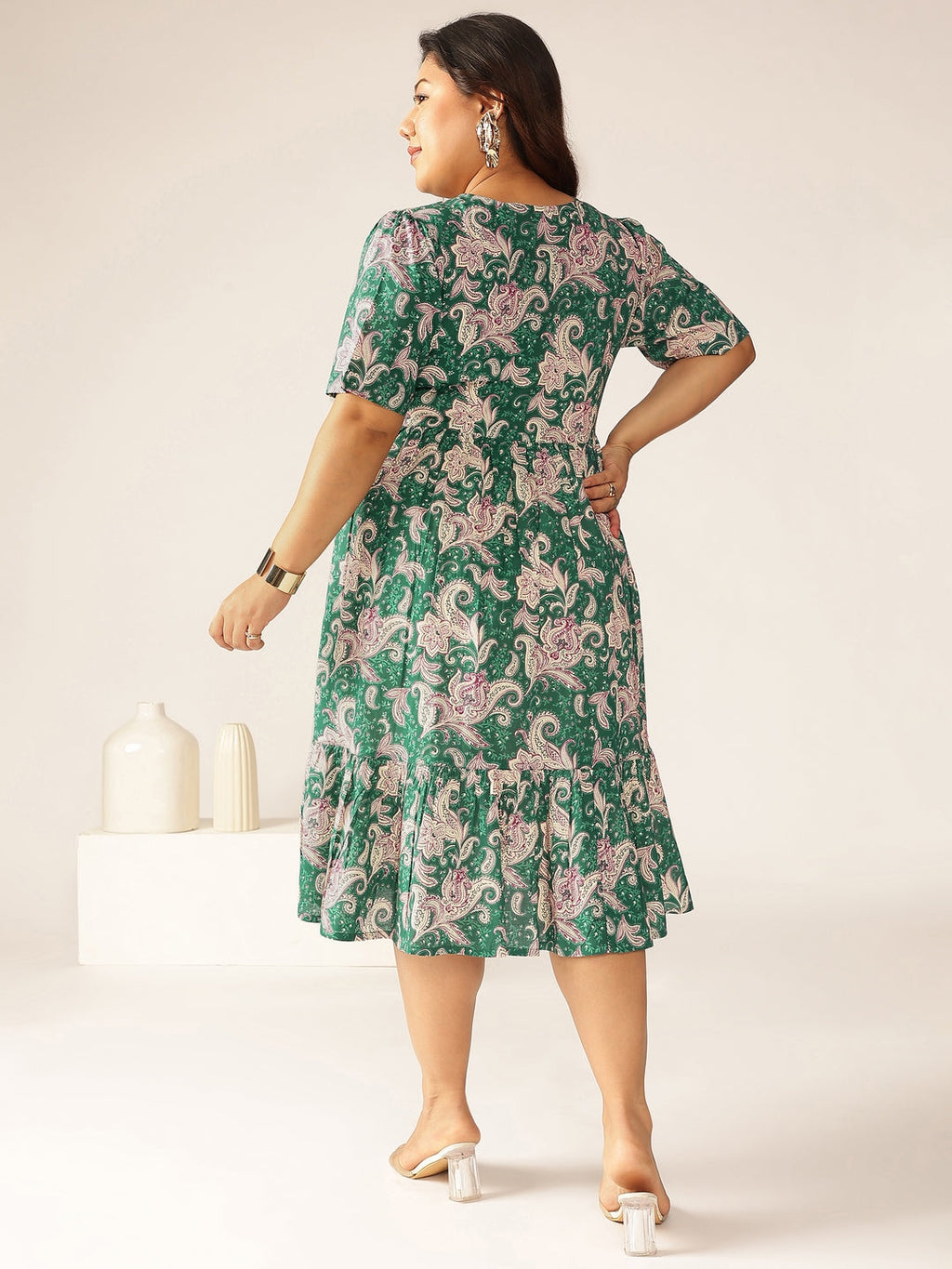 Janasya Dark Cotton Floral Tiered Dress | Grocsy