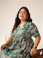 Janasya Dark Cotton Floral Tiered Dress | Grocsy