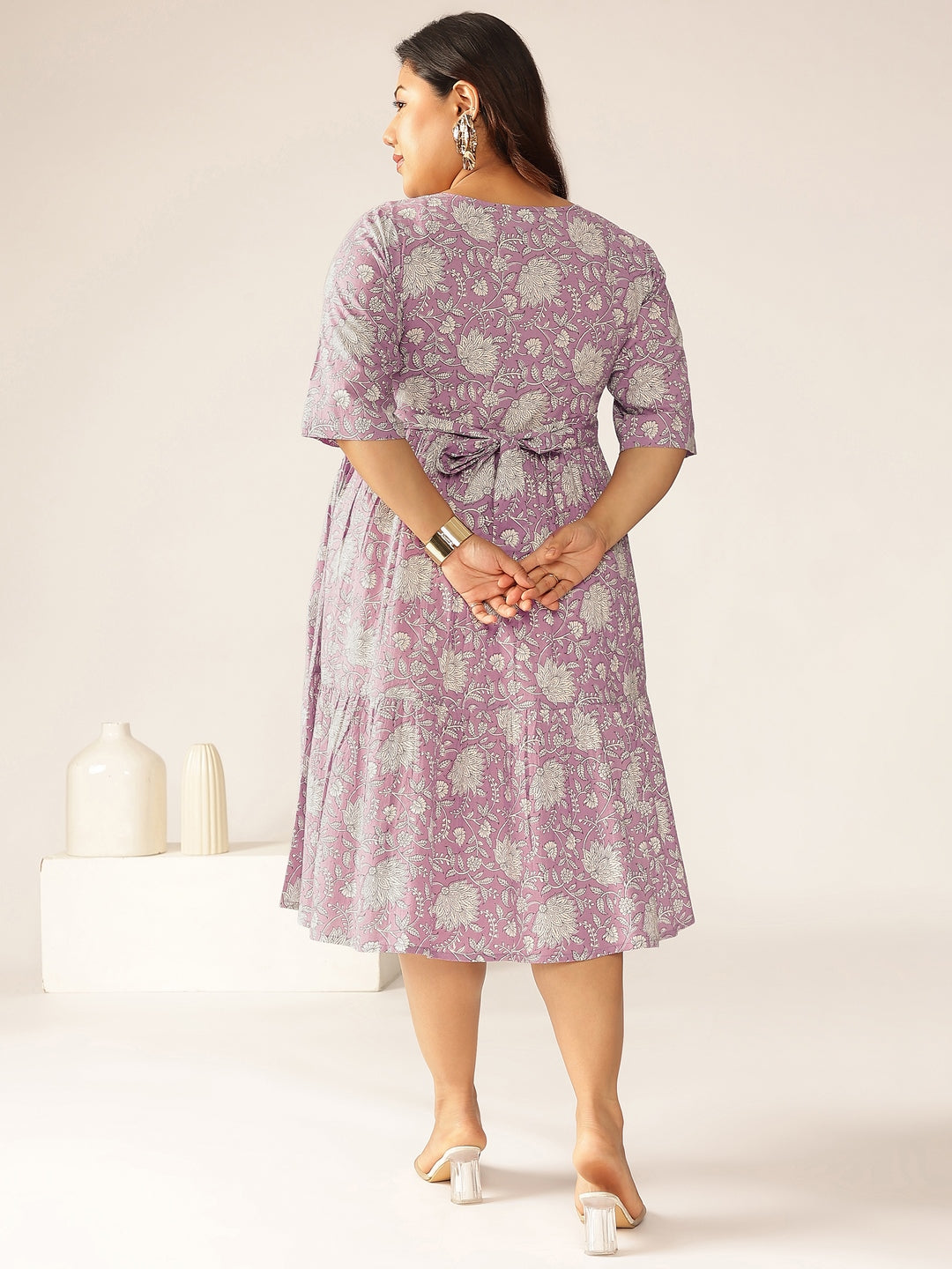 Janasya Light Cotton Floral Tiered Dress | Grocsy