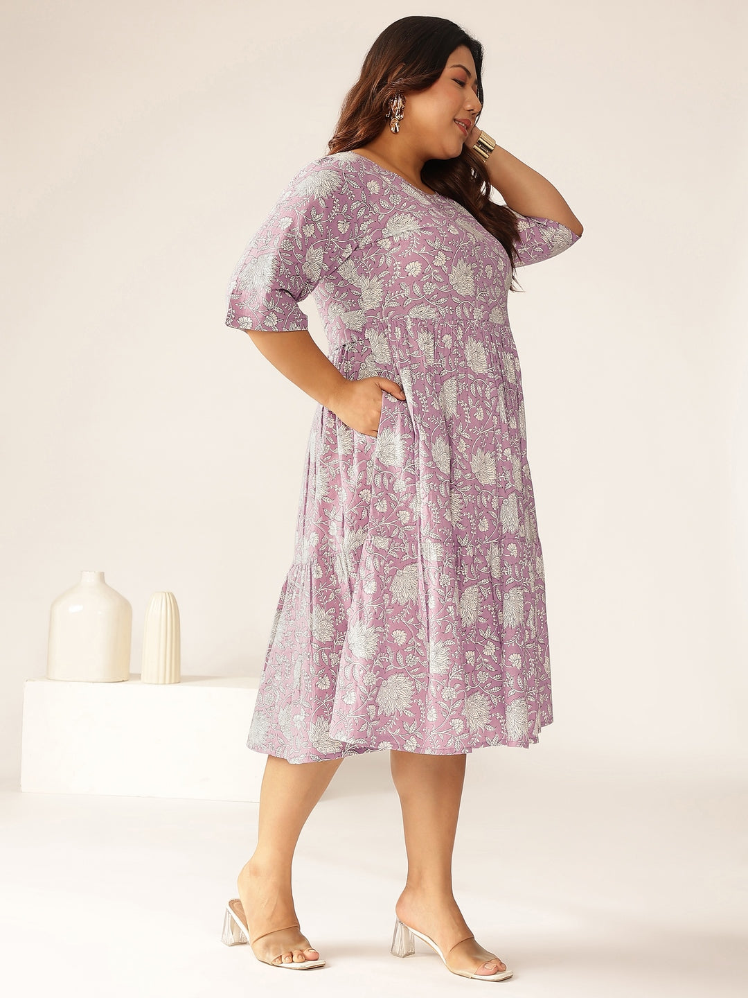 Janasya Light Cotton Floral Tiered Dress | Grocsy