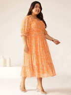 Janasya Bright Georgette Floral Tiered Dress | Grocsy
