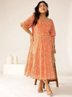 Janasya Bright Georgette Floral Tiered Dress | Grocsy