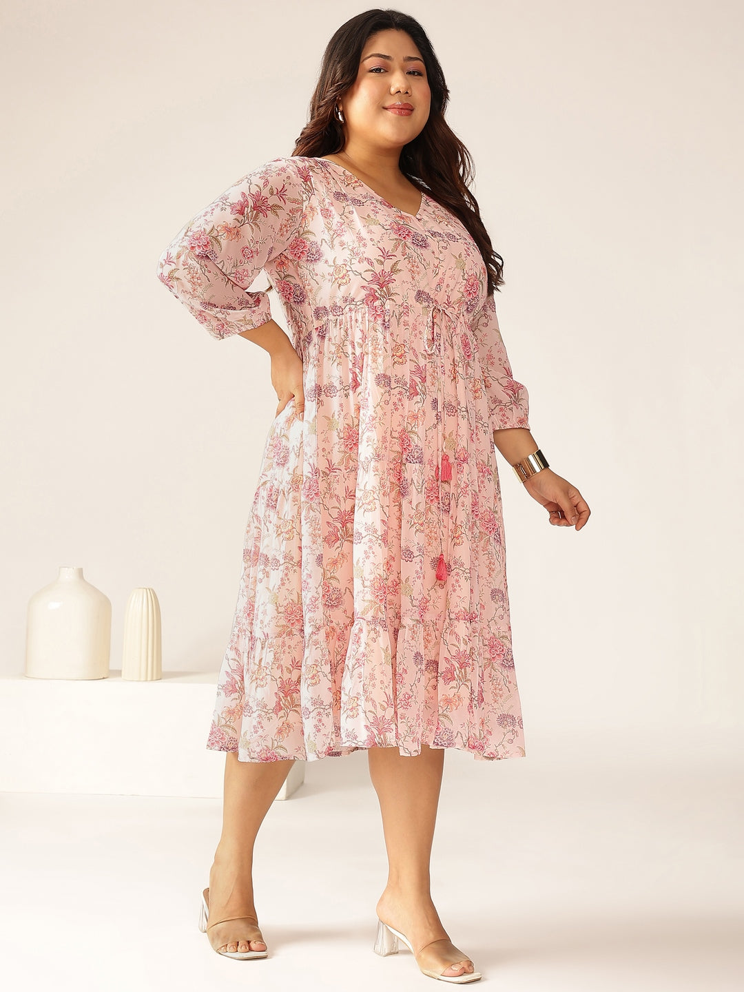 Janasya Light Georgette Floral Tiered Dress | Grocsy