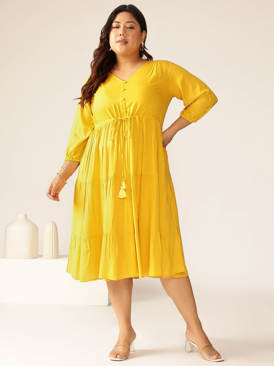 Janasya Dark Rayon Solid Tiered Dress | Grocsy