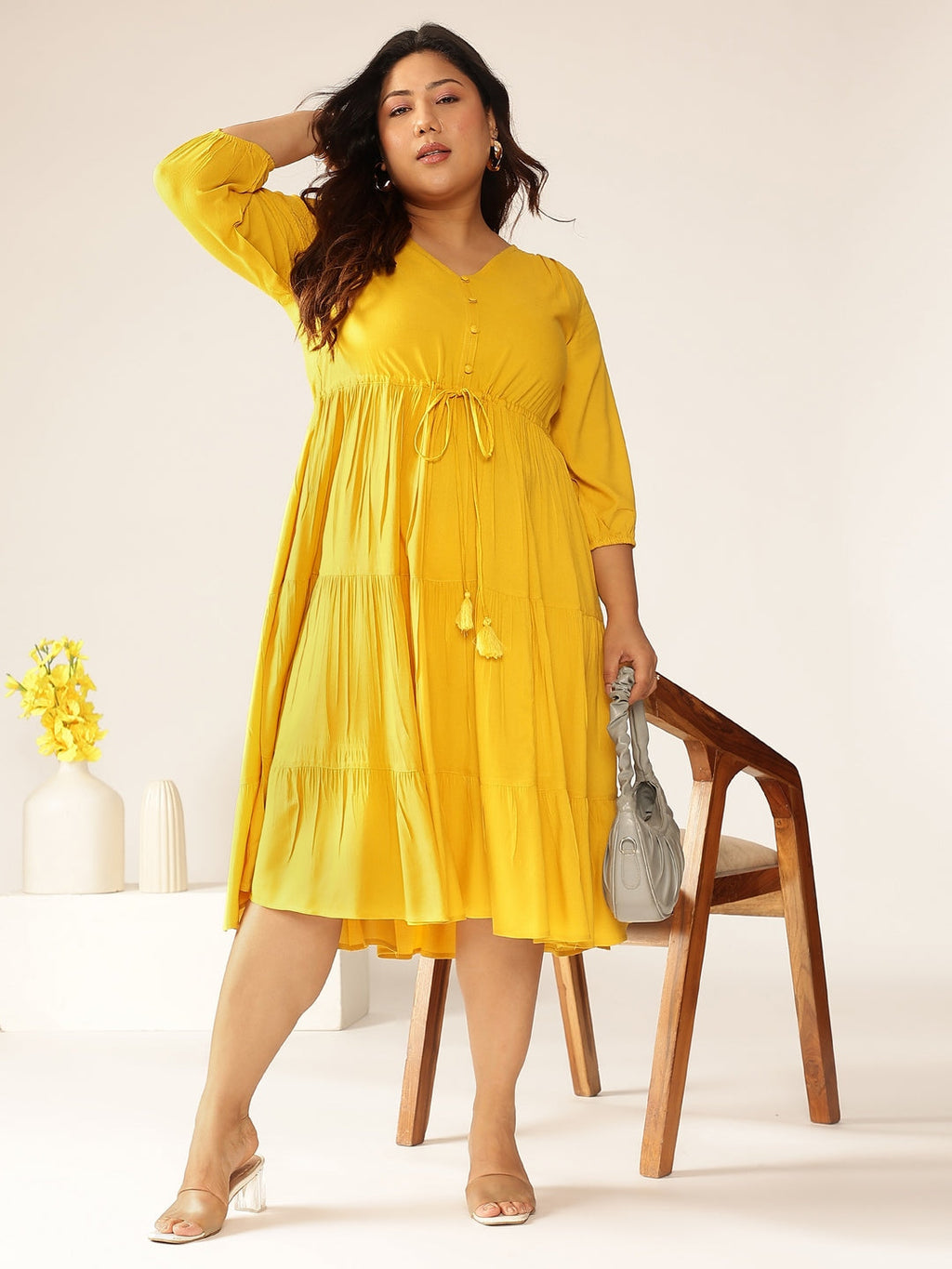 Janasya Dark Rayon Solid Tiered Dress | Grocsy