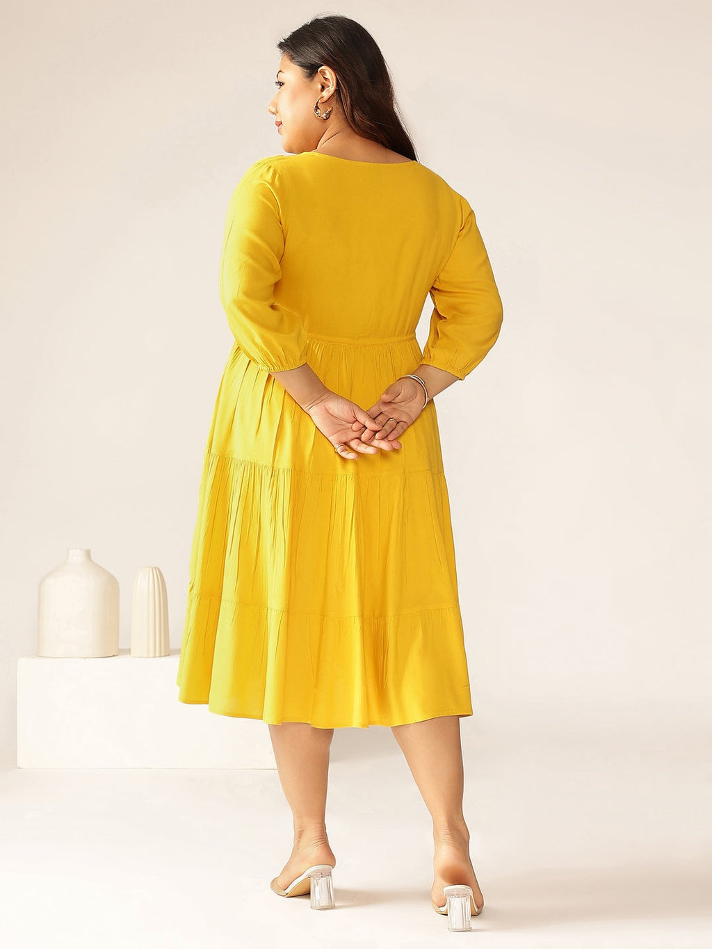 Janasya Dark Rayon Solid Tiered Dress | Grocsy