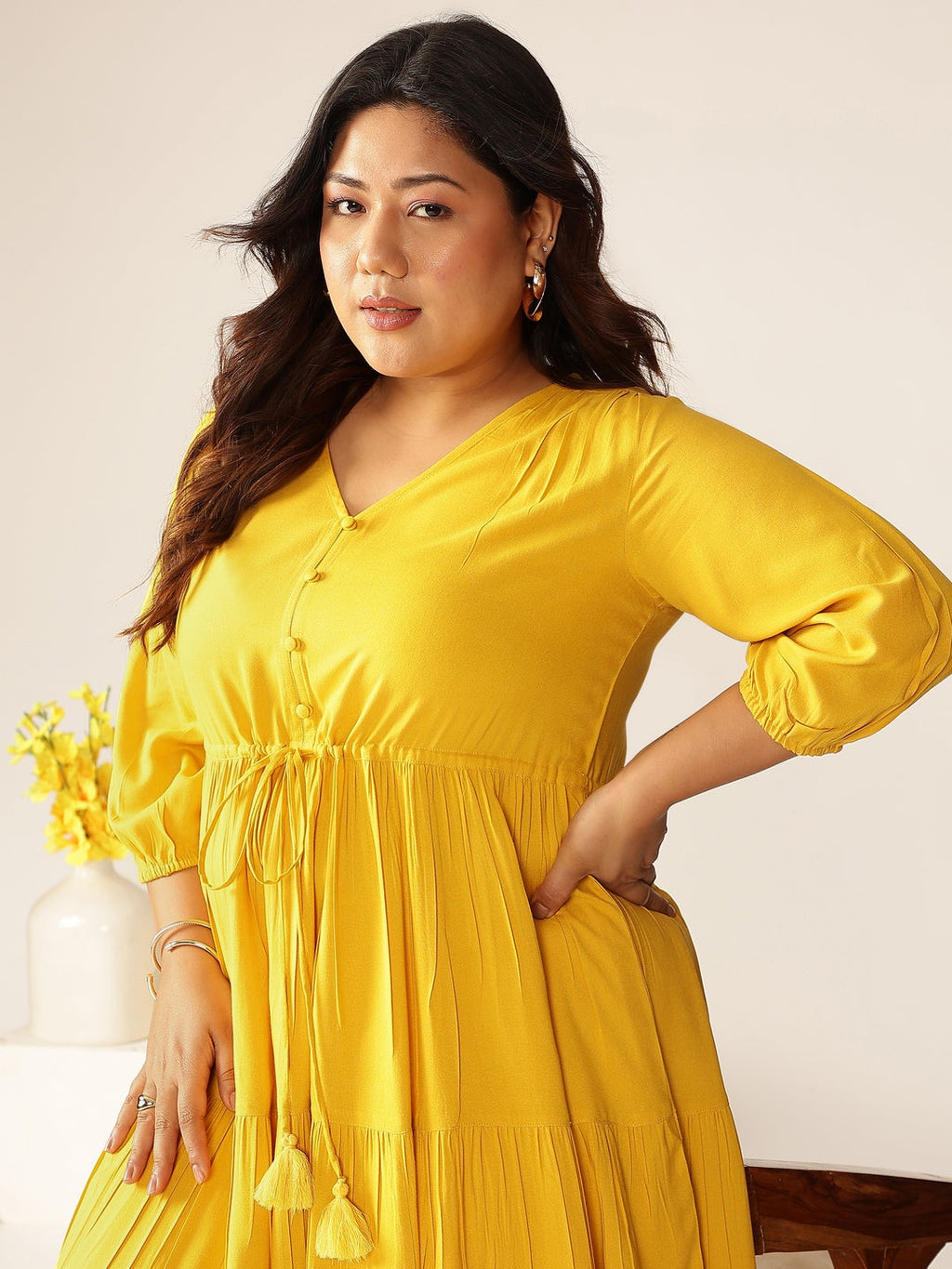 Janasya Dark Rayon Solid Tiered Dress | Grocsy