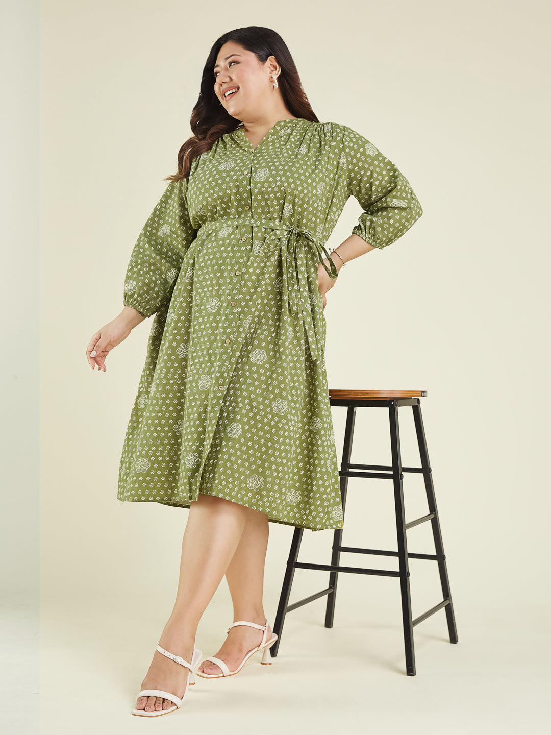 Janasya Dark Cotton Floral A-Line Dress | Grocsy