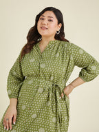 Janasya Dark Cotton Floral A-Line Dress | Grocsy