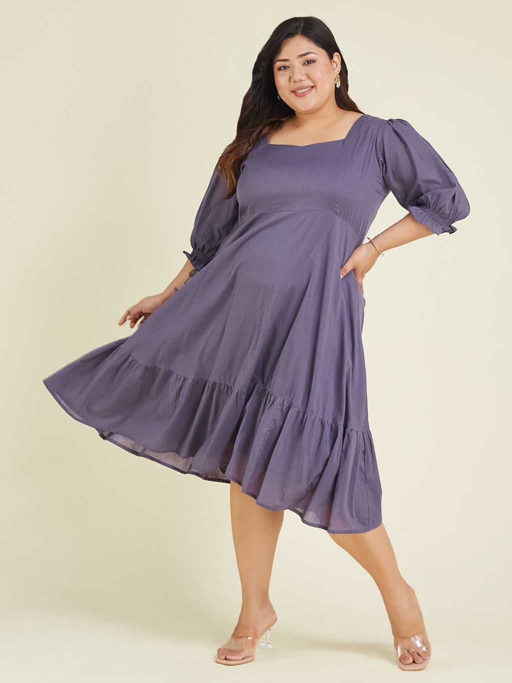 Janasya Light Cotton Solid A-Line Dress | Grocsy