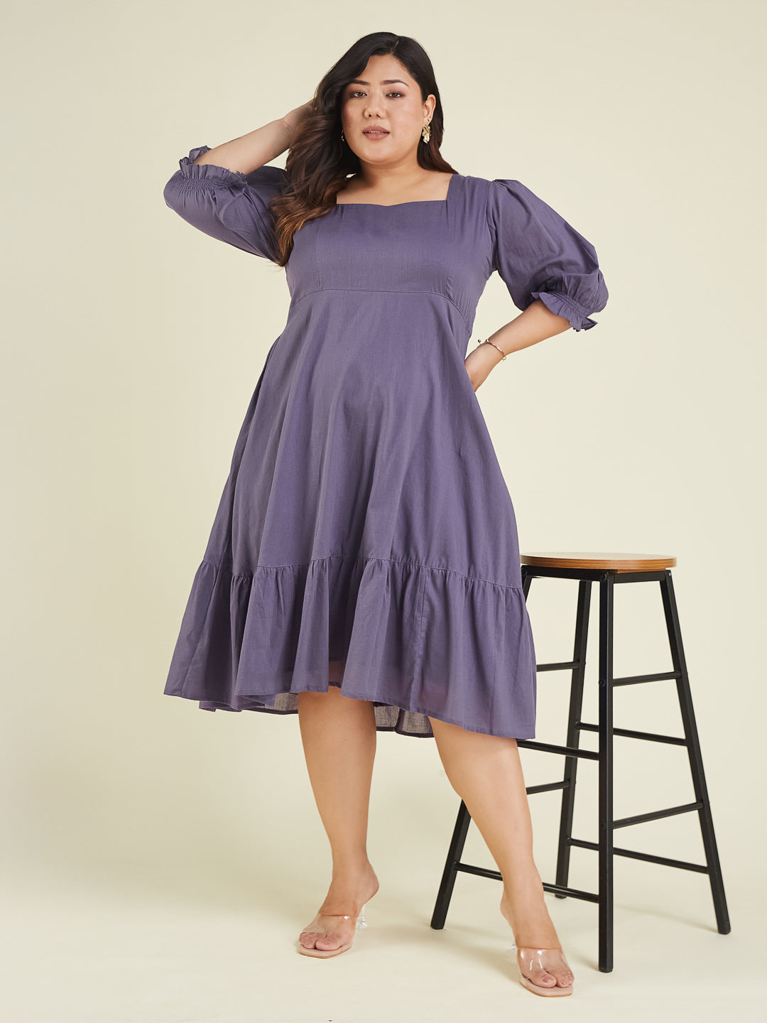 Janasya Light Cotton Solid A-Line Dress | Grocsy