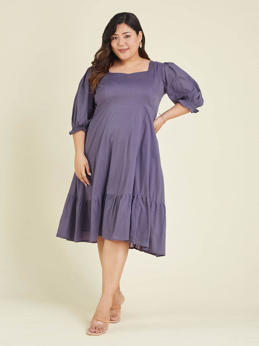 Janasya Light Cotton Solid A-Line Dress | Grocsy