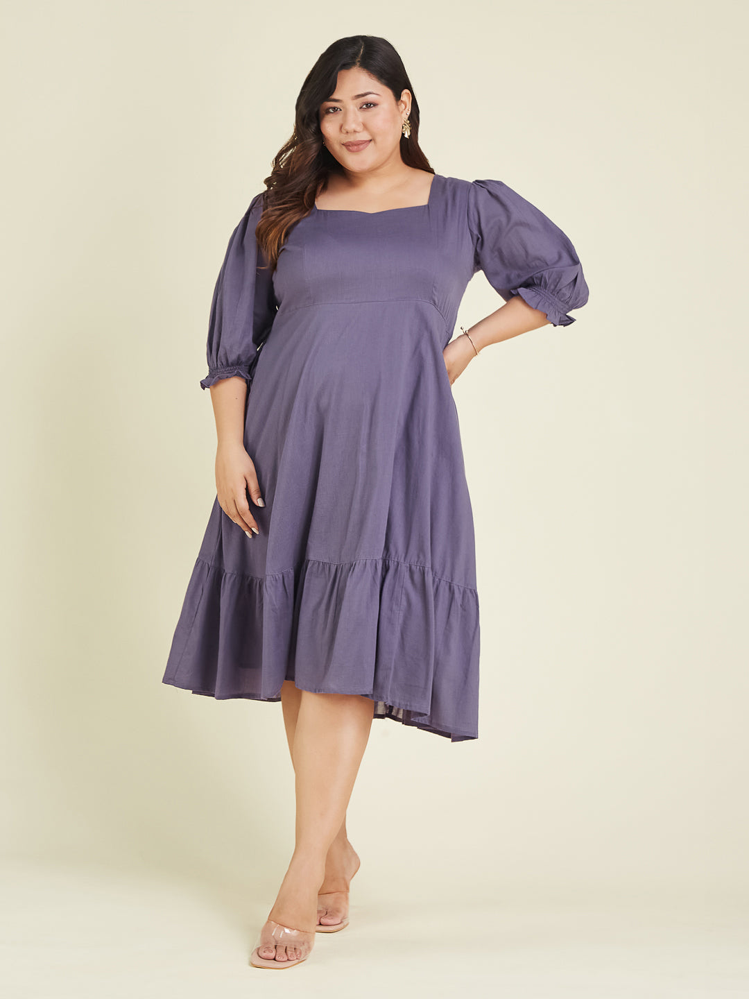 Janasya Light Cotton Solid A-Line Dress | Grocsy