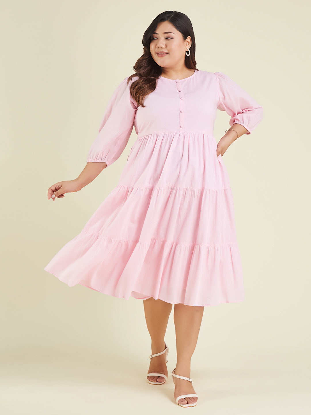Janasya Cotton Solid Tiered Dress | Grocsy