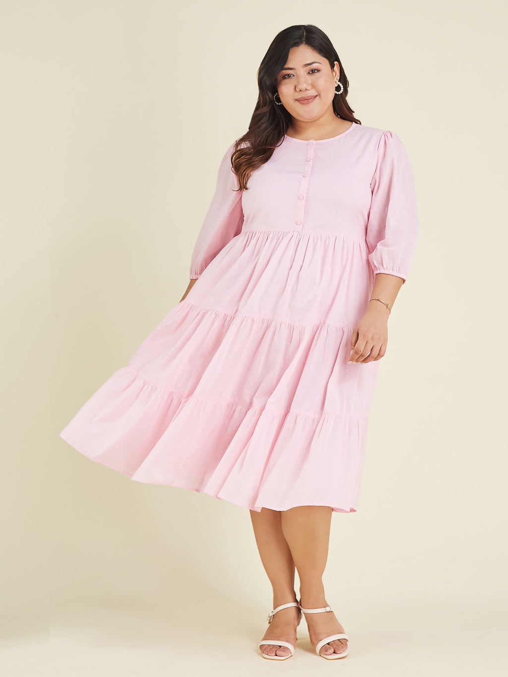Janasya Cotton Solid Tiered Dress | Grocsy