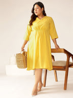 Janasya Bright Cotton Solid A-Line Dress | Grocsy