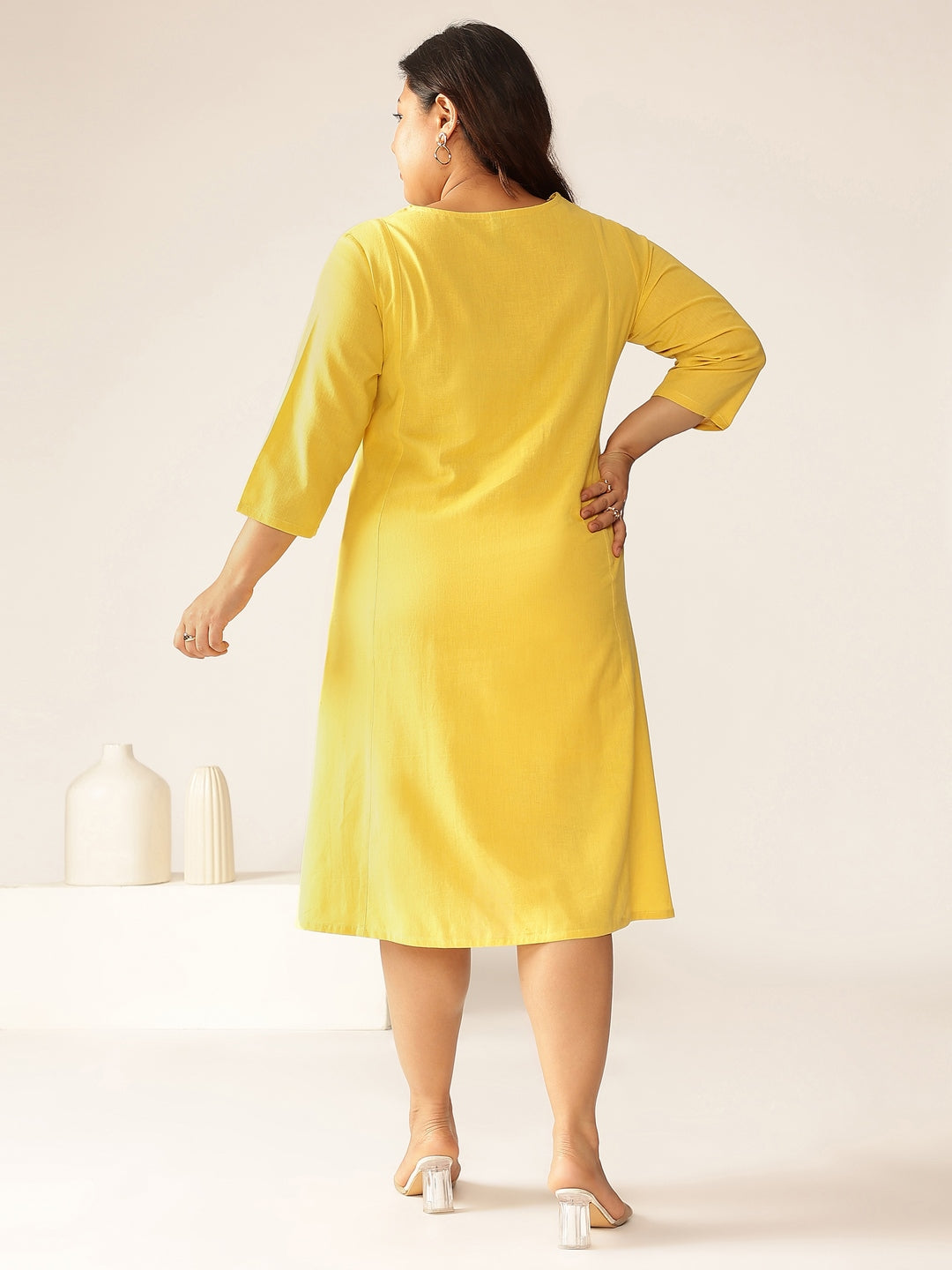 Janasya Bright Cotton Solid A-Line Dress | Grocsy