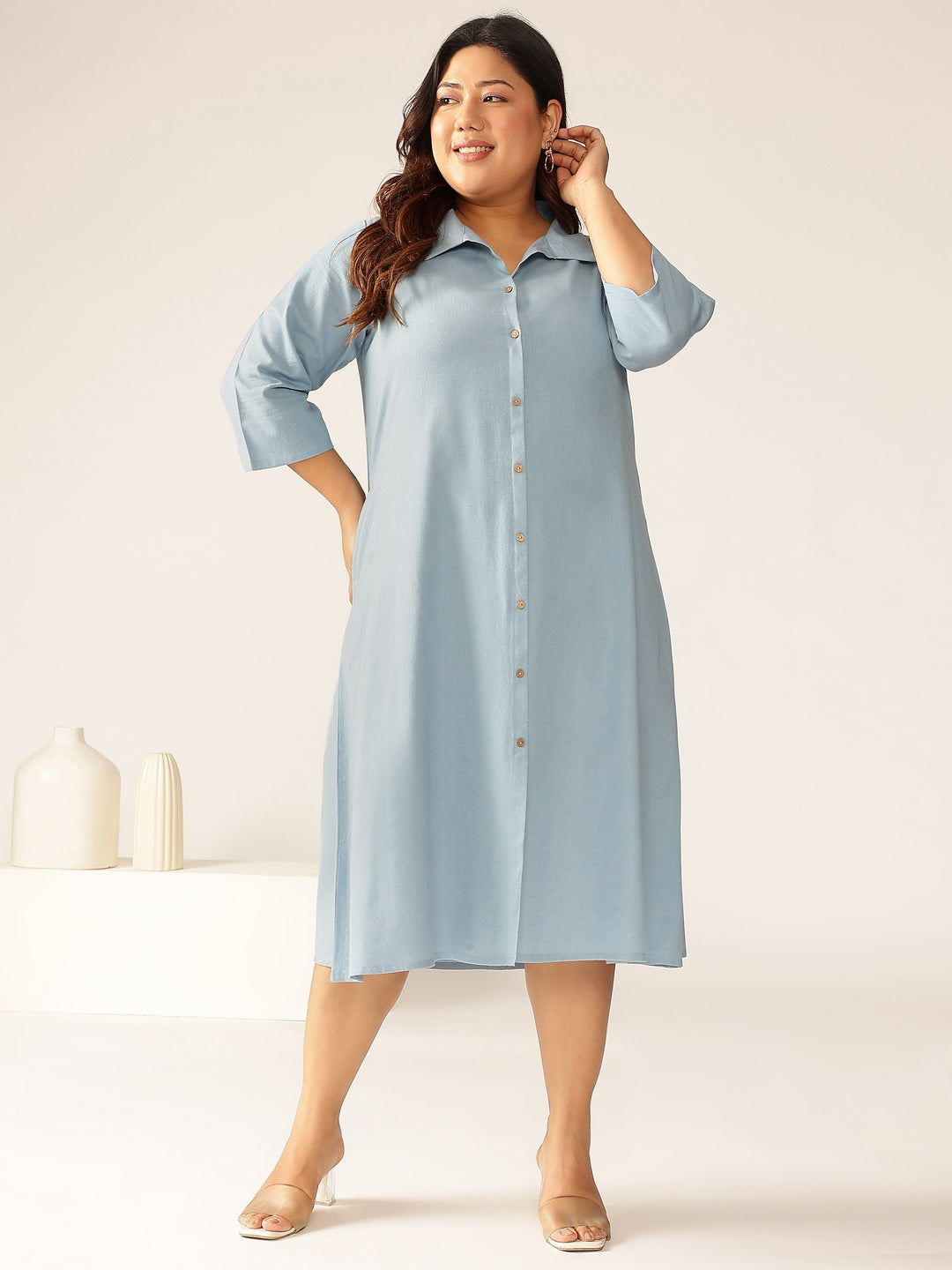 Janasya Light Cotton Solid A-Line Dress | Grocsy