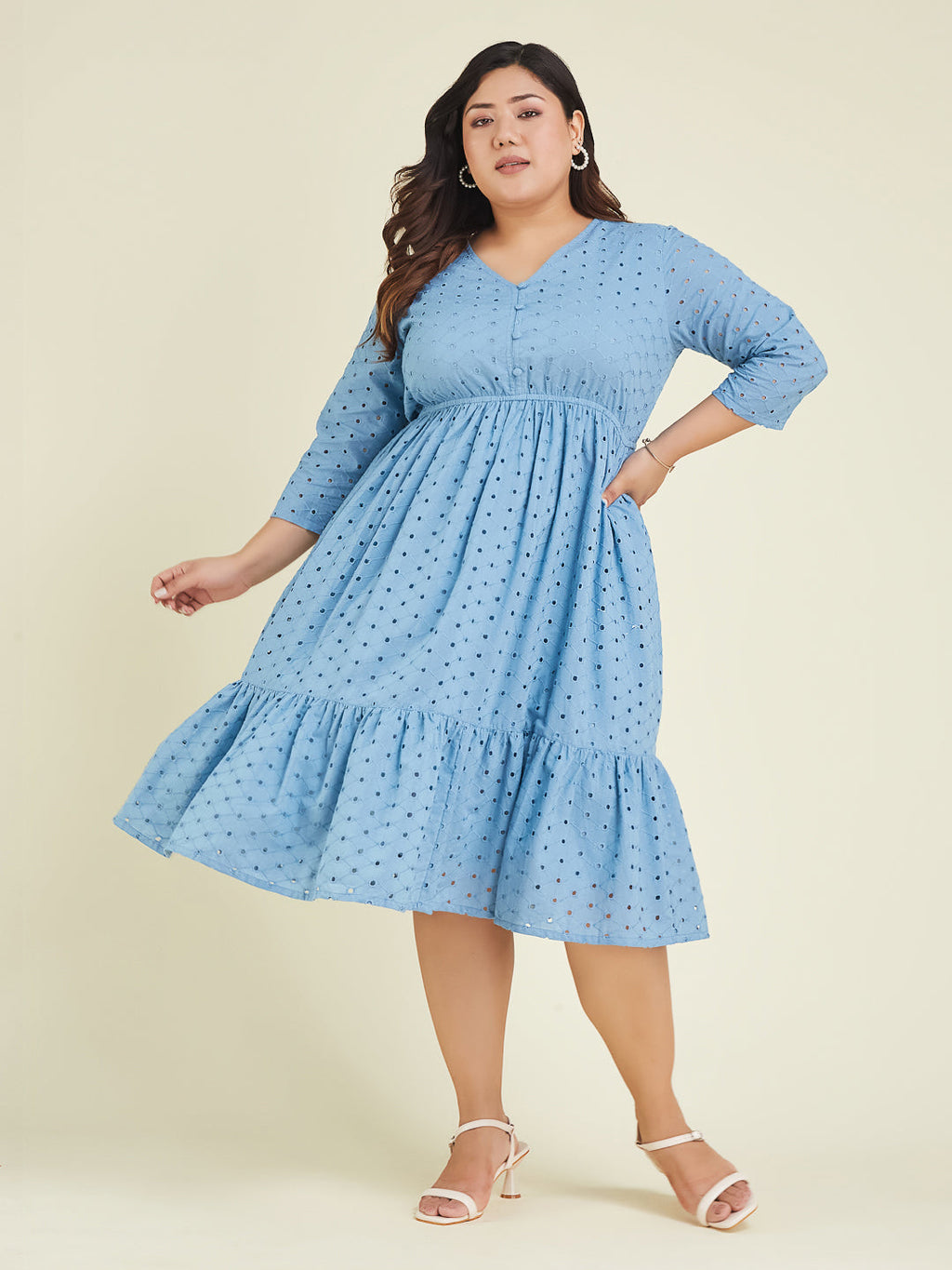 Janasya Light Cotton Schiffli Fit & Flare Dress | Grocsy