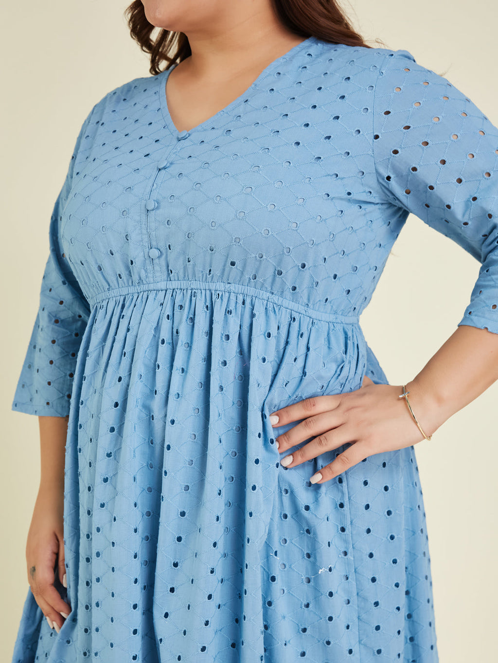 Janasya Light Cotton Schiffli Fit & Flare Dress | Grocsy