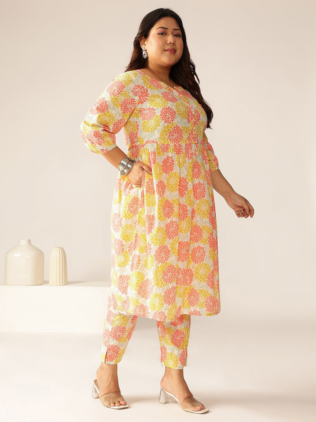 Janasya Light Cotton Floral A-Line Kurta Set | Grocsy