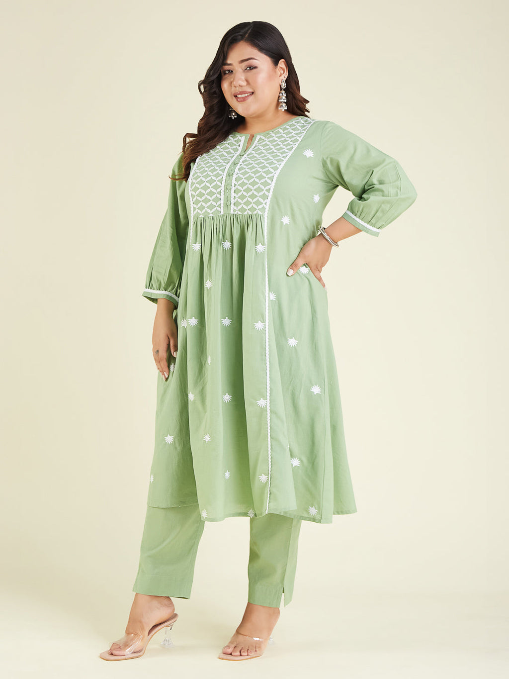 Janasya Light Cotton Embroidered A-Line Kurta Set | Grocsy