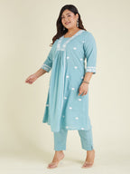 Janasya Light Cotton Embroidered A-Line Kurta Set | Grocsy