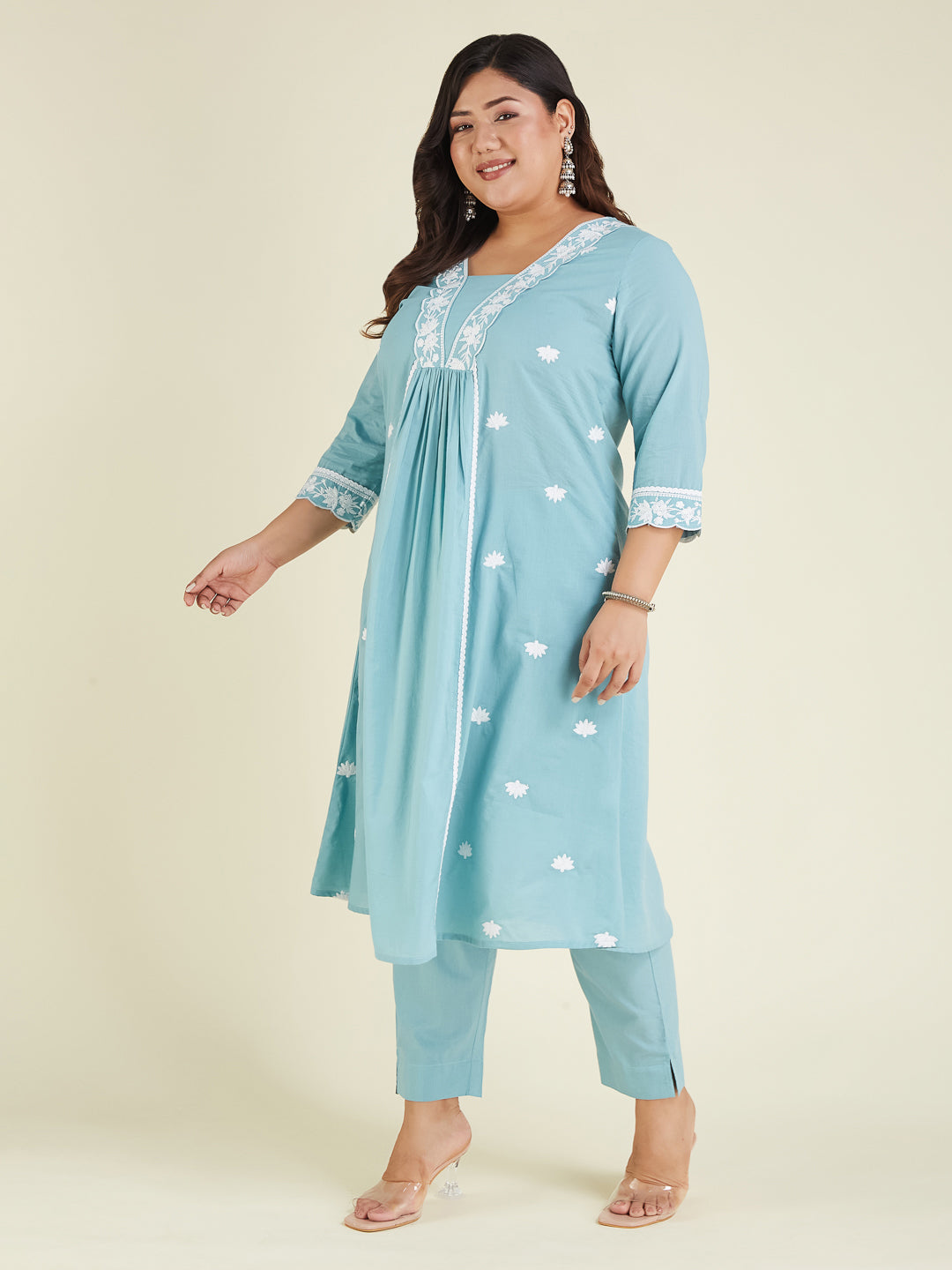 Janasya Light Cotton Embroidered A-Line Kurta Set | Grocsy
