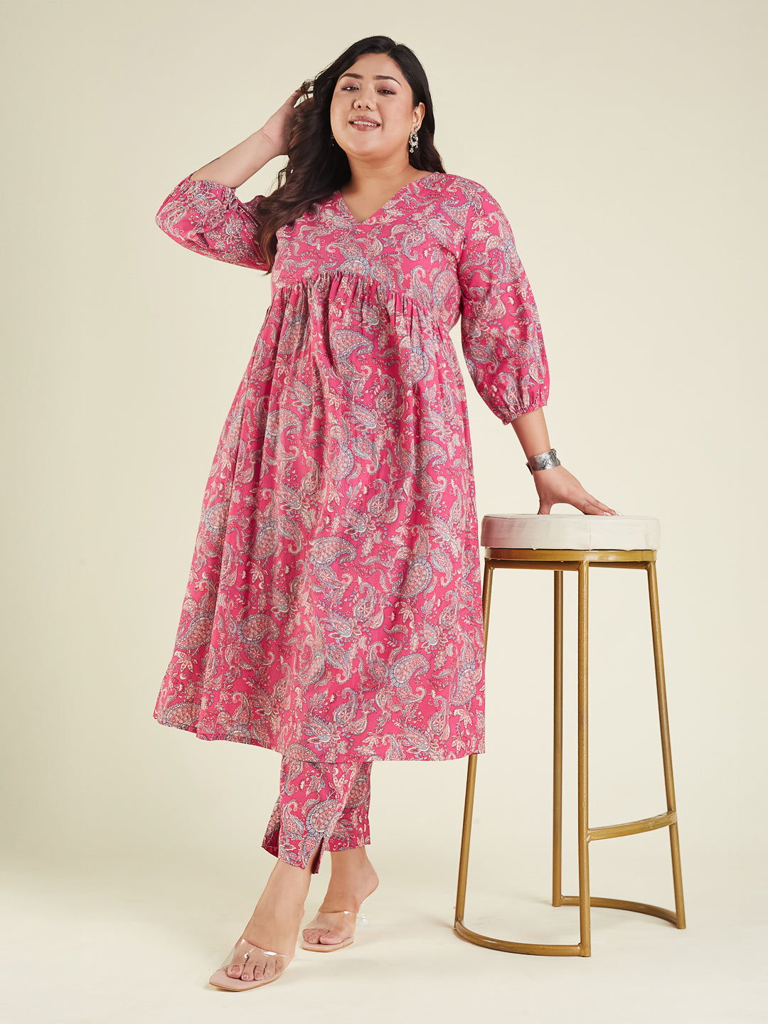 Janasya Bright Cotton Floral A-Line Kurta Set | Grocsy