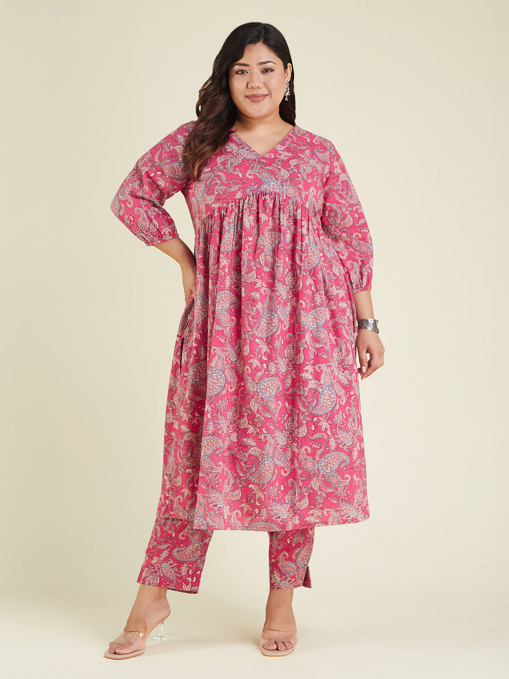 Janasya Bright Cotton Floral A-Line Kurta Set | Grocsy
