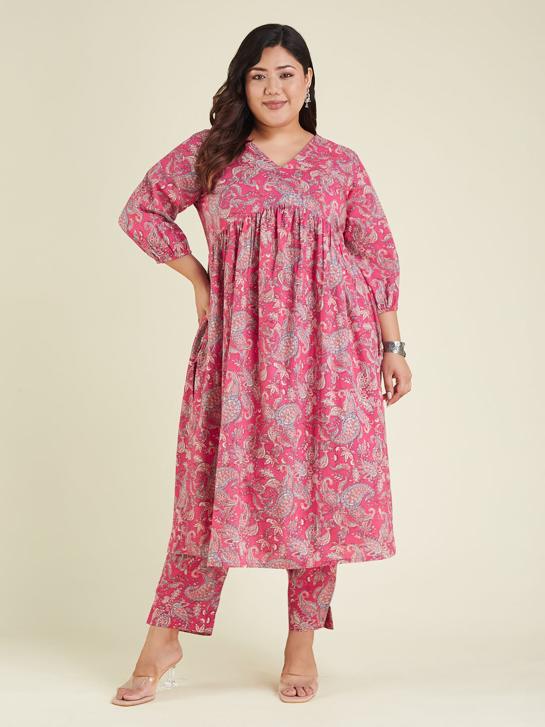 Janasya Bright Cotton Floral A-Line Kurta Set | Grocsy