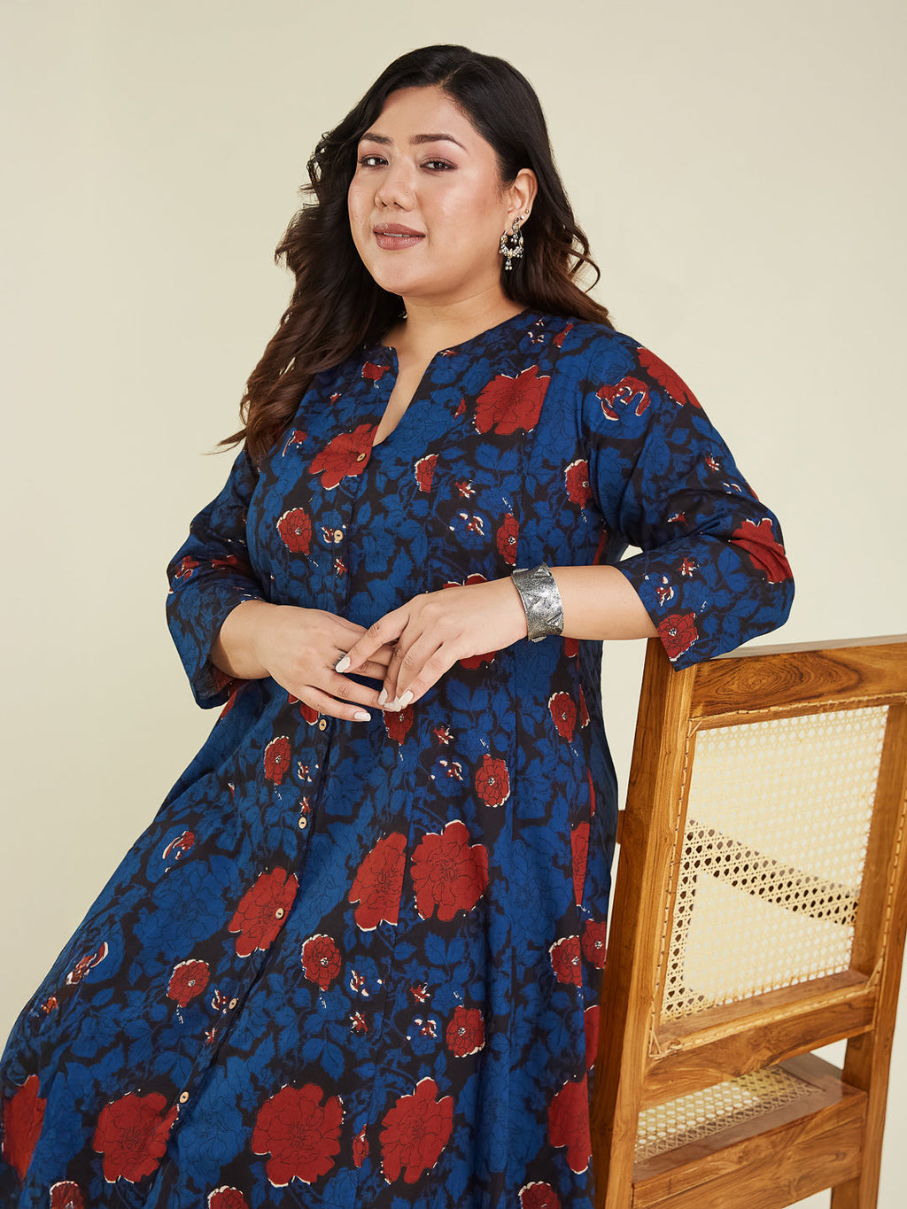 Janasya Dark Cotton Floral A-Line Kurta Set | Grocsy