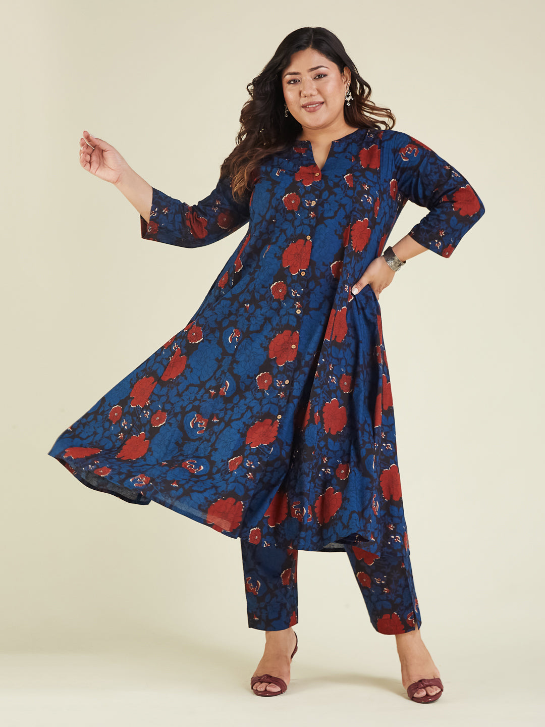 Janasya Dark Cotton Floral A-Line Kurta Set | Grocsy