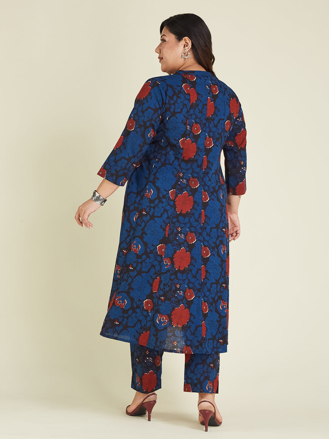 Janasya Dark Cotton Floral A-Line Kurta Set | Grocsy