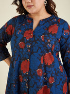 Janasya Dark Cotton Floral A-Line Kurta Set | Grocsy