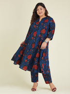 Janasya Dark Cotton Floral A-Line Kurta Set | Grocsy