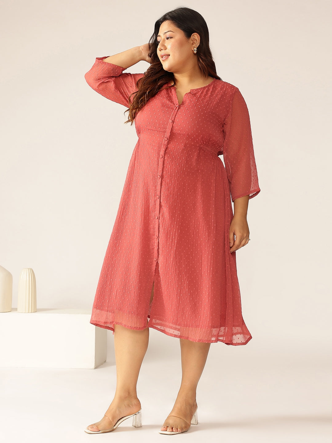 Janasya Light Dobby Chiffon Self Design A-Line Kurta | Grocsy