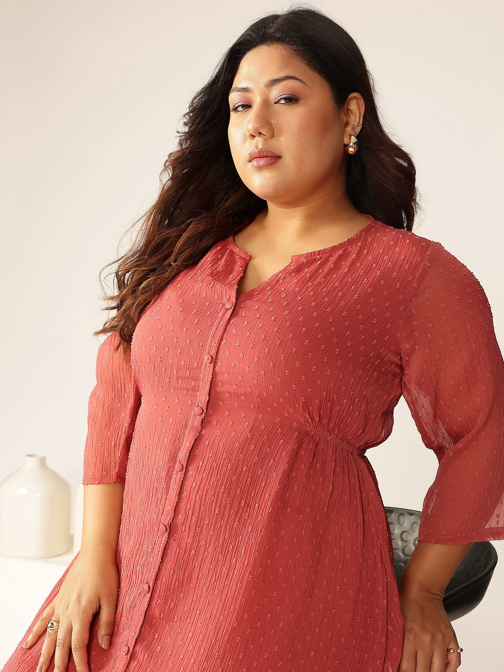 Janasya Light Dobby Chiffon Self Design A-Line Kurta | Grocsy
