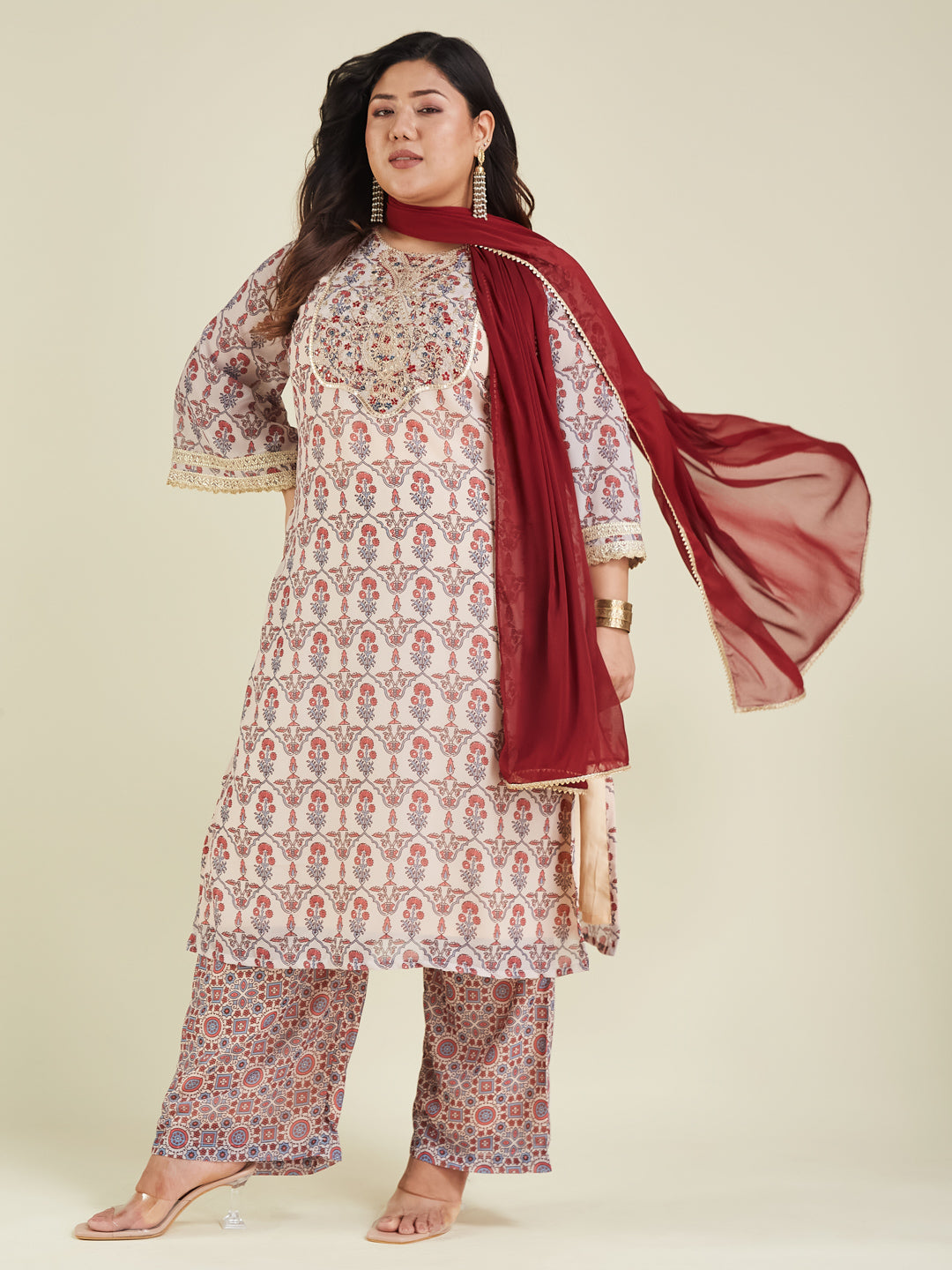Janasya Light Georgette Yoke Embroidery A-Line Kurta Set | Grocsy