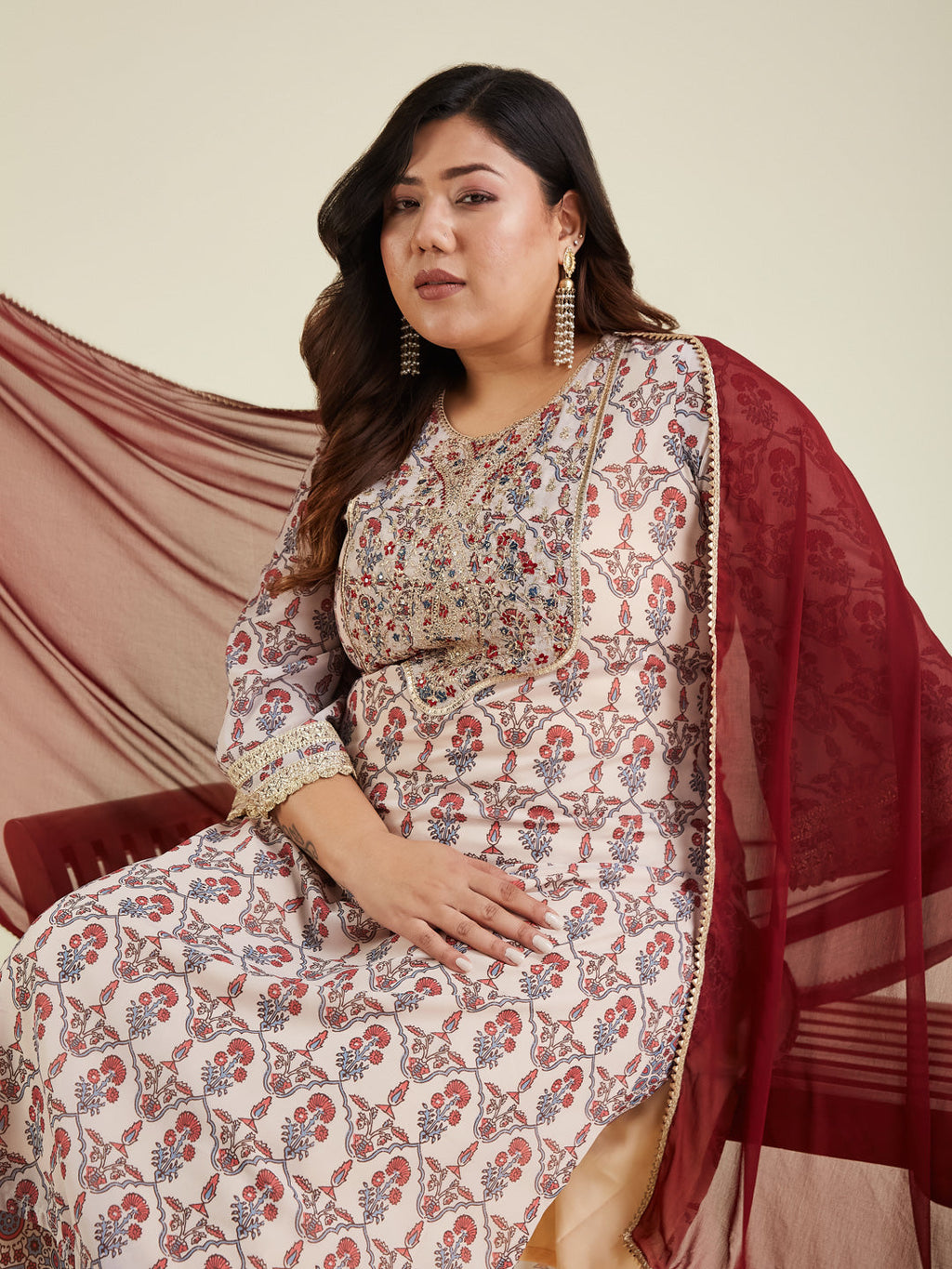 Janasya Light Georgette Yoke Embroidery A-Line Kurta Set | Grocsy